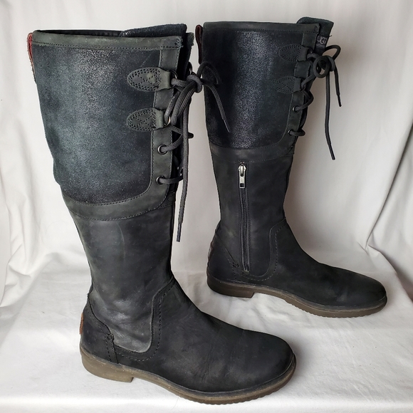 Ugg Elsa Black Knee High Leather Boots Size 8 - Picture 6 of 16